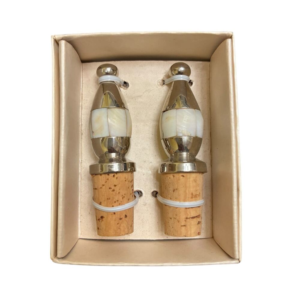 Ornate Inlaid Mother of Pearl Finial Wine Stoppers, Vintage New in Box Open Top